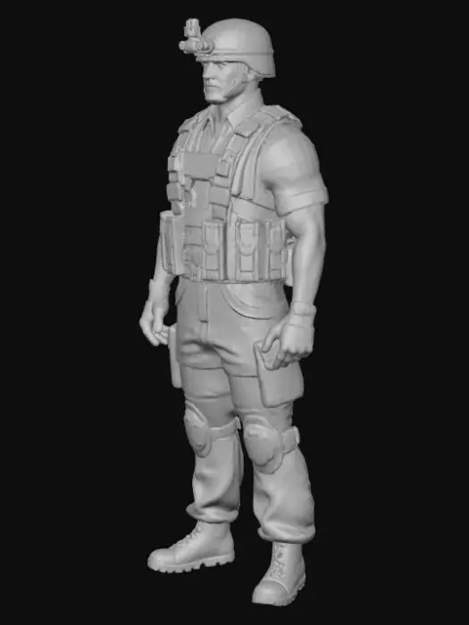 3D model for Низкополигональная, оптимизированная для игр 3D-модель солдата, идеально подходящая для веб-игр на Unity. Персонаж одет в стилизованную военную форму с короткими рукавами и упрощенной блочной геометрией. На груди заметна пулеметная лента. Текстура чистая и оптимизированная, с приглушенными зелеными, коричневыми и серыми цветами камуфляжа. Модель находится в нейтральной, но боевой позе, разработанной для эффективного рендеринга.