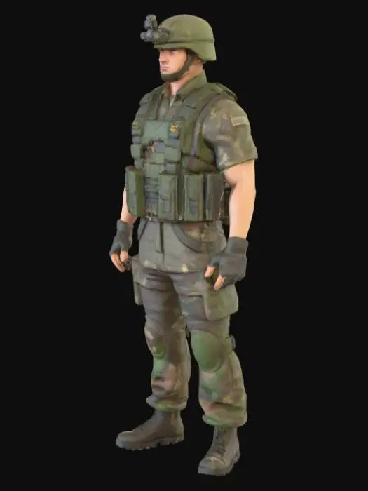 3D model for Низкополигональная, оптимизированная для игр 3D-модель солдата, идеально подходящая для веб-игр на Unity. Персонаж одет в стилизованную военную форму с короткими рукавами и упрощенной блочной геометрией. На груди заметна пулеметная лента. Текстура чистая и оптимизированная, с приглушенными зелеными, коричневыми и серыми цветами камуфляжа. Модель находится в нейтральной, но боевой позе, разработанной для эффективного рендеринга.