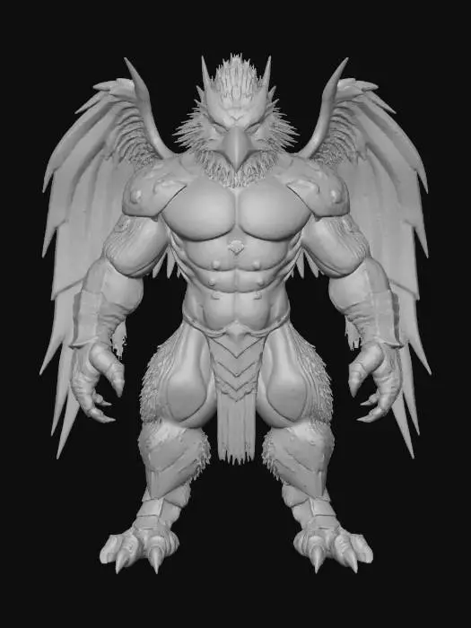 3D model for Низкополигональная, оптимизированная для игр 3D-модель мускулистого гуманоидного грифона в А-позе. Модель имеет отчетливые совиные глаза и текстуру шерсти. Она одета в киберпанковскую броню, украшенную рунами. Детализация упрощена, с четкими гранями и угловатыми формами, типичными для низкополигонального стиля. Цветовая палитра сочетает металлические оттенки киберпанка с природными тонами грифона, а руны светятся неоновым цветом.