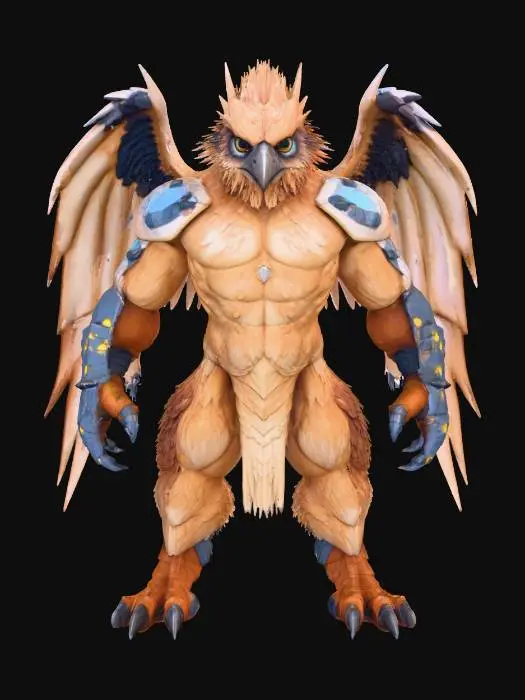 3D model for Низкополигональная, оптимизированная для игр 3D-модель мускулистого гуманоидного грифона в А-позе. Модель имеет отчетливые совиные глаза и текстуру шерсти. Она одета в киберпанковскую броню, украшенную рунами. Детализация упрощена, с четкими гранями и угловатыми формами, типичными для низкополигонального стиля. Цветовая палитра сочетает металлические оттенки киберпанка с природными тонами грифона, а руны светятся неоновым цветом.