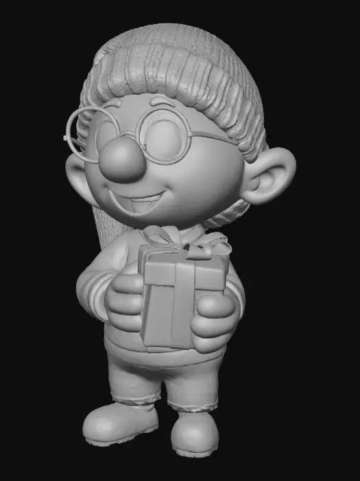 3D model for #Christmas2025#, мультяшный гномик, молодой, в рождественской пижаме в очках с подарком, милый, без бороды, смурфик