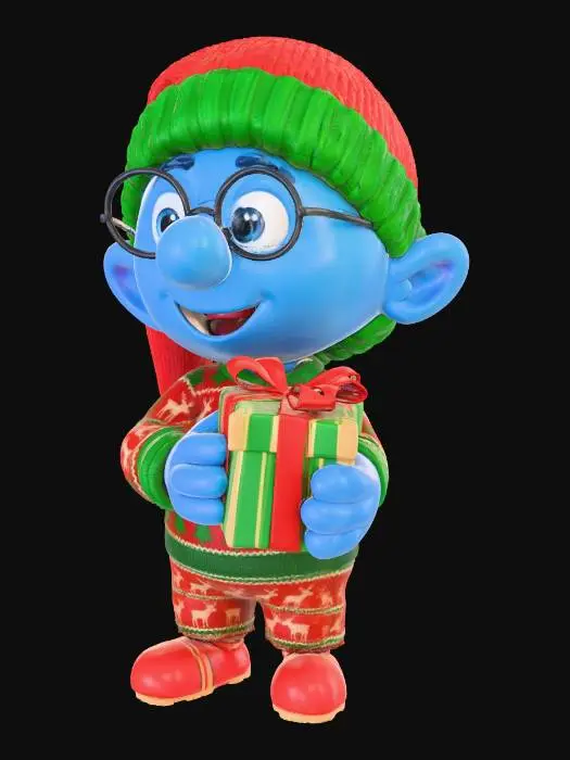 3D model for #Christmas2025#, мультяшный гномик, молодой, в рождественской пижаме в очках с подарком, милый, без бороды, смурфик