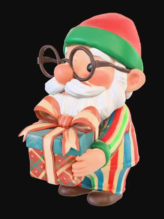 3D model for #Christmas2025#, мультяшный гномик в рождественской пижаме в очках с подарком, милый