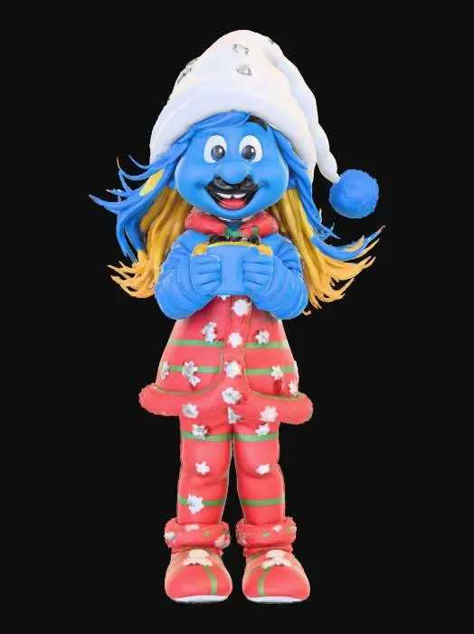 3D model for Девочка смурфик ,#Christmas2025#очень детализированная, очень милая, в новогодней пижамке, цвета рождества, с подарком в руках