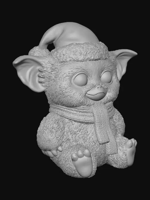 3D model for #Christmas2025#, Милый Гизмо из «Гремлинов» в рождественском стиле. Он сидит, облаченный в мягкую красную шапку Санты с пушистой белой оторочкой и зеленый вязаный шарф. Его круглое тело покрыто густым коричнево-белым мехом, который выглядит невероятно мягким на ощупь. У него большие, блестящие глаза и выразительные уши, передающие милое, невинное выражение лица.