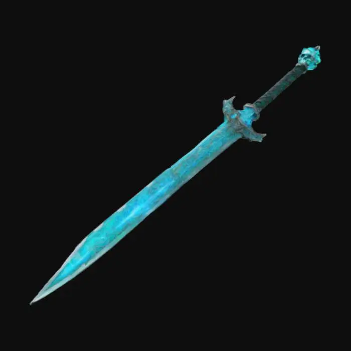 3D model for #ChronoForgeWeapon#, Excalibur, Sword, Skull glowing with Blue flame on the handle, Sword In Ancient runes of green and blue color