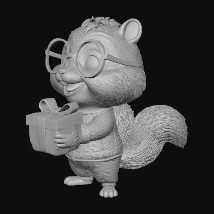 3D model for #Christmas2025#, мультяшный бурундук, молодой, в рождественской пижаме в очках с подарком, милый, без бороды, смурфик