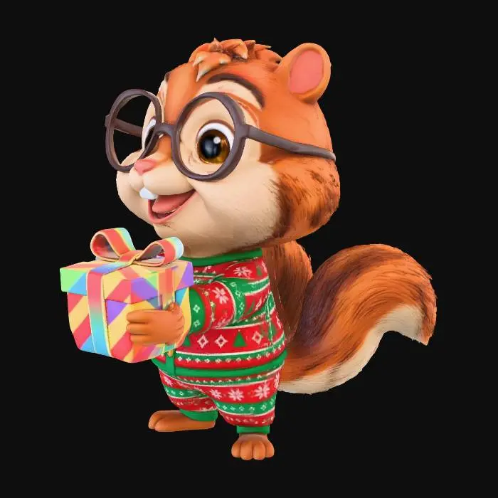 3D model for #Christmas2025#, мультяшный бурундук, молодой, в рождественской пижаме в очках с подарком, милый, без бороды, смурфик