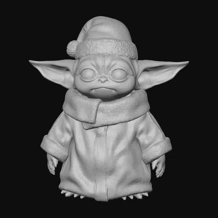 3D model for #Christmas2025#, Милый Малыш Йода из «Мандалорца» в рождественском стиле. У него гладкая зеленая кожа, большие заостренные уши и выразительные темные глаза. Он сидит, одетый в свой традиционный мешковатый коричневый балахон, поверх которого надета миниатюрная красная шапочка Санты с пушистым белым отворотом. Ткань его одеяния выглядит мягкой, а выражение его лица безмятежное и любопытное.
