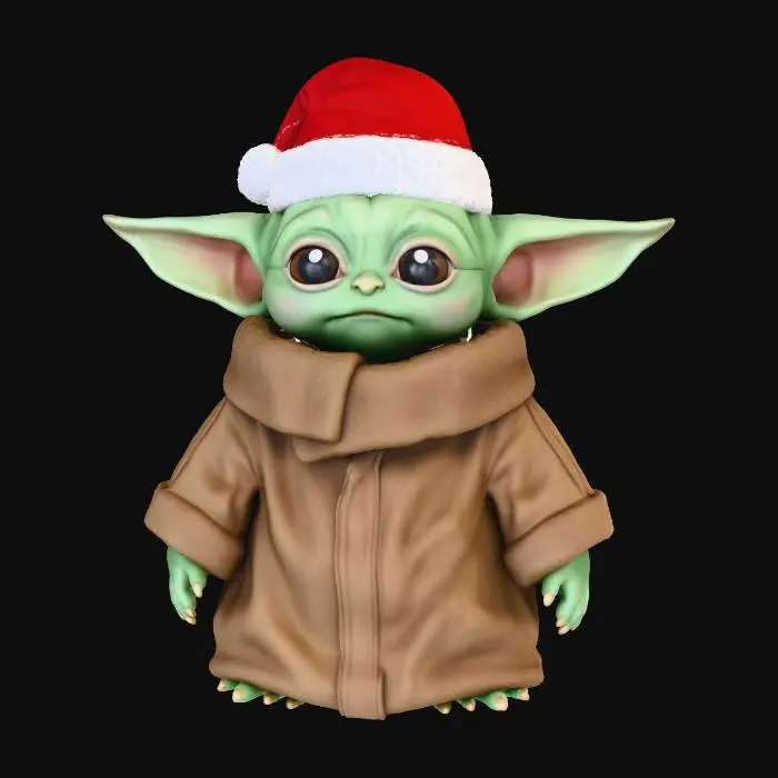 3D model for #Christmas2025#, Милый Малыш Йода из «Мандалорца» в рождественском стиле. У него гладкая зеленая кожа, большие заостренные уши и выразительные темные глаза. Он сидит, одетый в свой традиционный мешковатый коричневый балахон, поверх которого надета миниатюрная красная шапочка Санты с пушистым белым отворотом. Ткань его одеяния выглядит мягкой, а выражение его лица безмятежное и любопытное.