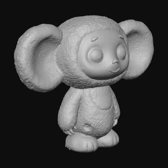 3D model for #Christmas2025#, Восхитительный персонаж Чебурашка, изображенный как любимая, пушистая игрушка с выдающимися, пушистыми, темно-коричневыми, круглыми ушами. Его гладкое, невинное лицо теплого бежевого цвета, с большими, выразительными черными глазами, смотрящими вверх, маленьким треугольным носом и нежной красной улыбкой. Вся фигурка обладает очаровательным, ручной работы видом, мягко освещенная сверху справа, создавая нежные блики на его глянцевых глазах и тонкие тени вокруг черт, подчеркивая его очаровательный и культовый силуэт.