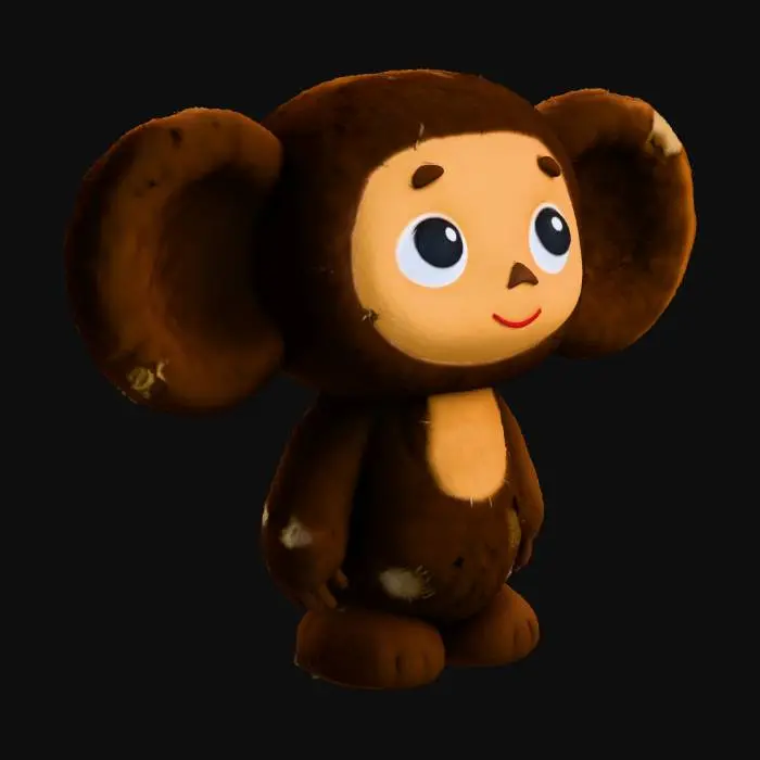 3D model for #Christmas2025#, Восхитительный персонаж Чебурашка, изображенный как любимая, пушистая игрушка с выдающимися, пушистыми, темно-коричневыми, круглыми ушами. Его гладкое, невинное лицо теплого бежевого цвета, с большими, выразительными черными глазами, смотрящими вверх, маленьким треугольным носом и нежной красной улыбкой. Вся фигурка обладает очаровательным, ручной работы видом, мягко освещенная сверху справа, создавая нежные блики на его глянцевых глазах и тонкие тени вокруг черт, подчеркивая его очаровательный и культовый силуэт.