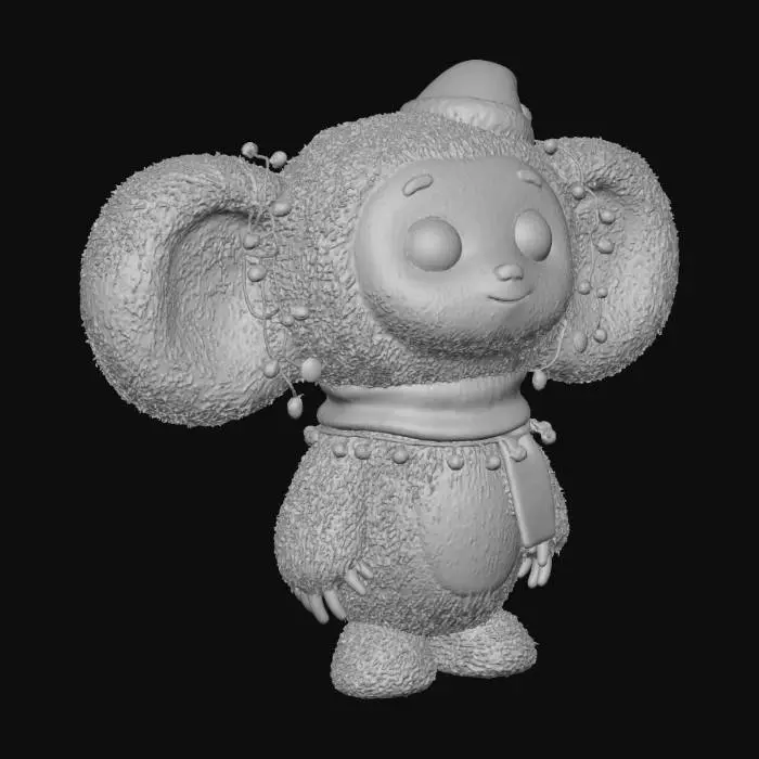 3D model for #Christmas2025#, Очаровательный Чебурашка, украшенный для Нового года, его пушистый коричневый мех теперь с легким морозным оттенком и едва заметным блеском. На его больших ушах и шее висят миниатюрные гирлянды из огоньков, мягко светящиеся золотым светом, создавая теплую, уютную атмосферу. На голове у него крошечная красная шапочка Санты с белой опушкой, а на шее — шарф в красно-белую полоску, добавляющий праздничный и трогательный вид.