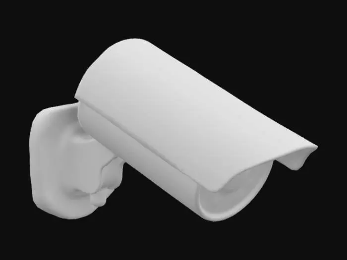 3D model for Realistic security camera (white ABS plastic material), red LED ring (glow effect via emissive texture). Simplified rotating wall mechanism (no rigging). LODs included. <1.2k polys.