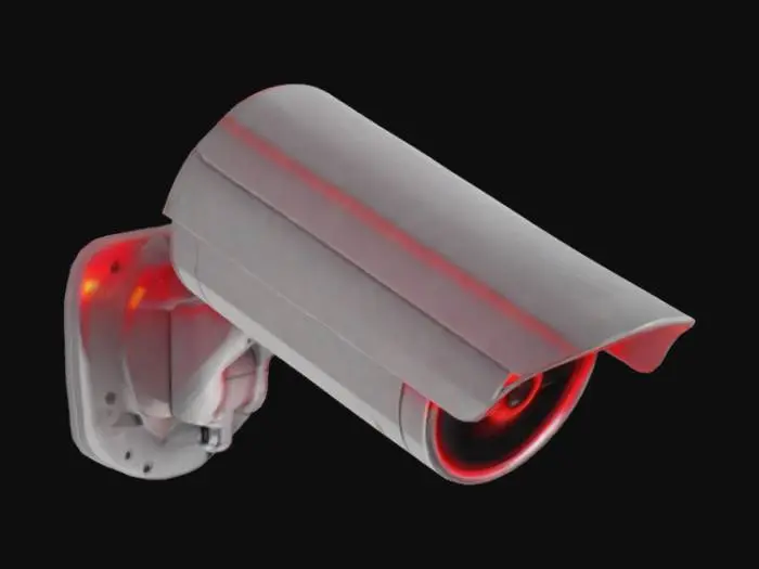 3D model for Realistic security camera (white ABS plastic material), red LED ring (glow effect via emissive texture). Simplified rotating wall mechanism (no rigging). LODs included. <1.2k polys.