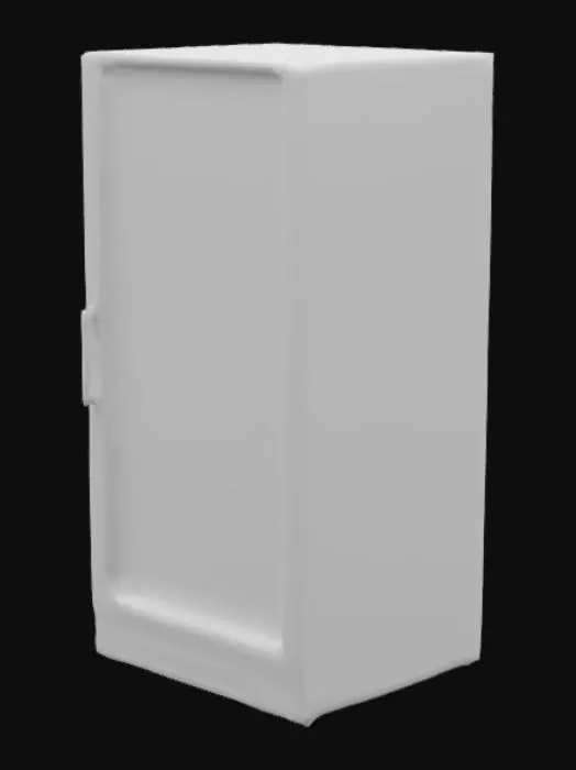 3D model for Semi-realistic glass-door fridge with [lácteos/carnes...], frosted glass effect via alpha texture. Products inside as low-detail 3D shapes (milk cartons = cuboids with printed labels). Chrome handles, PBR materials. <8k polys.