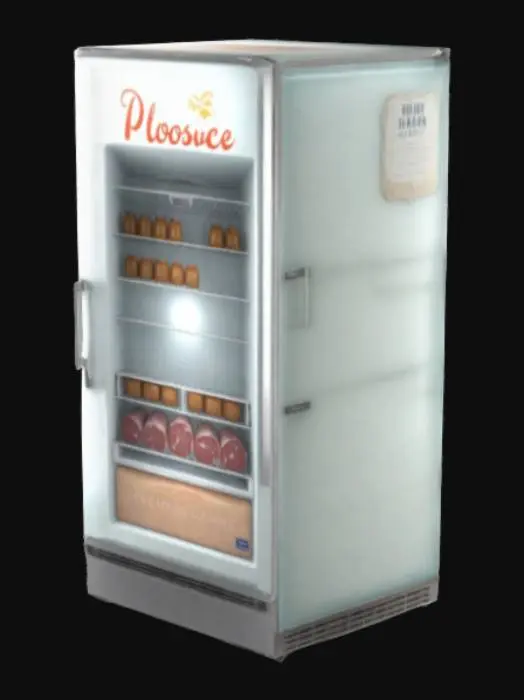 3D model for Semi-realistic glass-door fridge with [lácteos/carnes...], frosted glass effect via alpha texture. Products inside as low-detail 3D shapes (milk cartons = cuboids with printed labels). Chrome handles, PBR materials. <8k polys.