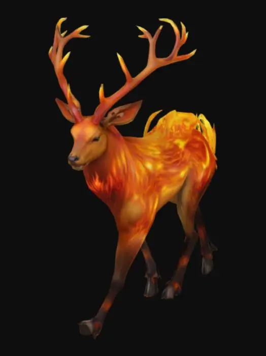 3D model for The Flame Elk, with flame elements on its head and four hooves, is similar to a Pokémon.