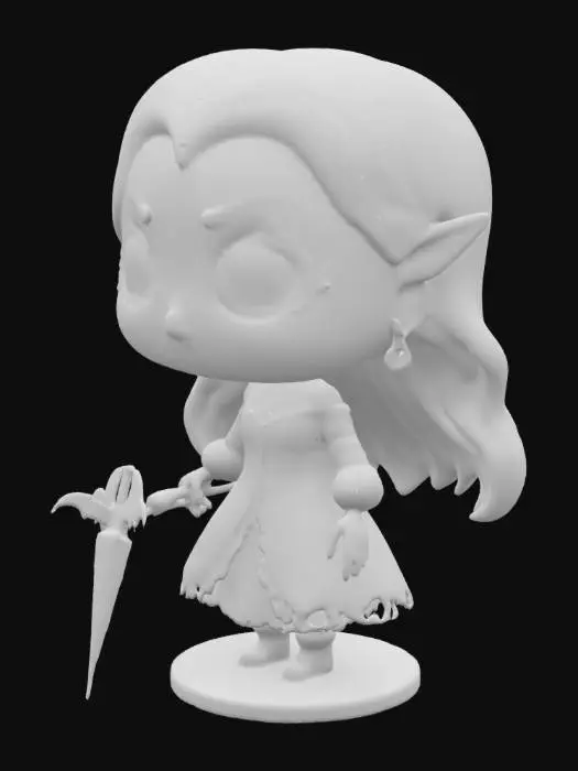 3D model for 3D mesh of a gothic female vampire character in Funko Pop style, oversized head with glowing crimson eyes and dark makeup, long straight black hair with blunt bangs, pale porcelain skin, elegant Victorian-style dress with corset, lace sleeves, and layered skirt, small chibi-style body, holding a black parasol with lace trim, bat-shaped earrings, standing on a stylized base with wrought iron patterns and roses, subtle fangs peeking from a sly smile, closed geometry, solid mesh, optimized for 3D printing, dark romantic aesthetic