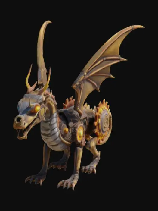 3D model for A highly detailed steampunk dragon made of brass, copper, and iron, with gears, rivets, and steam pipes across its body. Mechanical wings, glowing furnace eyes, exhaust pipes along its spine. Tail shaped like a rotating gear.