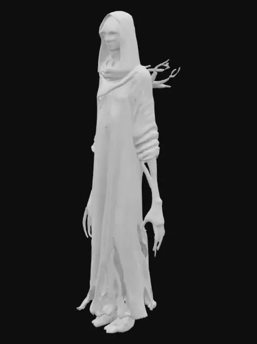 3D model for A tall, slender humanoid horror creature inspired by Slenderman, but with subtle mutations and otherworldly features. Its body is wrapped in dark, flowing, tattered robes that seem to move on their own, like smoke. Instead of a face, it has a glass-like mask that reflects the viewer's own terrified expression. Its limbs are abnormally long and jointed in unnatural ways, ending in bony, multi-fingered hands. From its back extend thin shadowy tendrils tipped with glowing eyes. Its presence distorts the air slightly, as if reality bends around it. Designed to evoke quiet dread and elegant horror, perfect for high-detail 3D modeling.