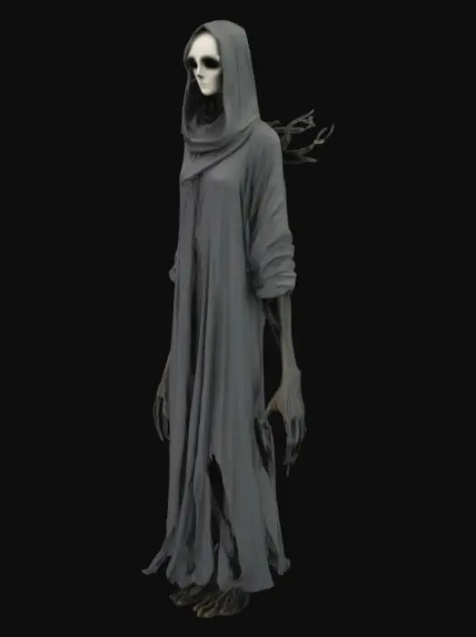 3D model for A tall, slender humanoid horror creature inspired by Slenderman, but with subtle mutations and otherworldly features. Its body is wrapped in dark, flowing, tattered robes that seem to move on their own, like smoke. Instead of a face, it has a glass-like mask that reflects the viewer's own terrified expression. Its limbs are abnormally long and jointed in unnatural ways, ending in bony, multi-fingered hands. From its back extend thin shadowy tendrils tipped with glowing eyes. Its presence distorts the air slightly, as if reality bends around it. Designed to evoke quiet dread and elegant horror, perfect for high-detail 3D modeling.