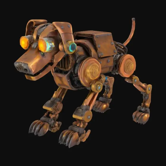 3D model for Steampunk dog with a mechanical body made of brass, copper, and steel. Detailed textures with gears, pistons, rivets, and flexible tubing along the joints. Head shaped like a canine with glowing lens eyes and a hinged jaw. Tail made of segmented metal links. Legs with jointed actuators and paw-like metal feet. Surface includes worn metal, oil stains, and heat-blued steel highlights. Designed for 3D modeling with high-detail industrial textures.