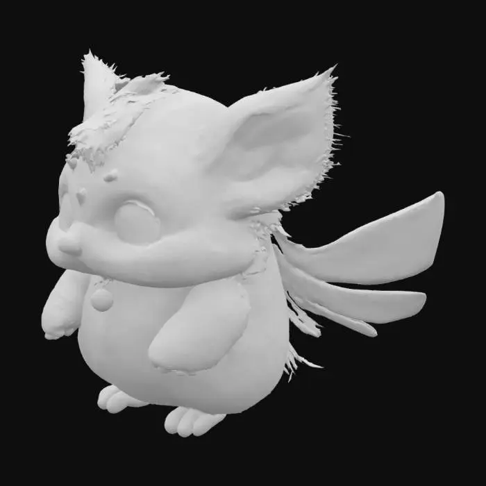 3D model for A cute magical creature inspired by a Furby, with soft fluffy fur in pastel colors, big sparkling eyes, and tiny feathered wings. Small round body with glowing runes on its forehead and tiny crystal antennae. Its ears are oversized and twitch slightly, with a soft magical shimmer. Wears a tiny enchanted charm around its neck. The creature gives off a faint glow, as if powered by gentle magic. Designed to be adorable, fantasy-themed, and full of personality. High-detail texture for 3D modeling.
