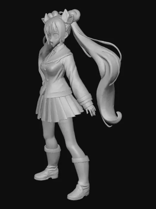 3D model for Create a stylized anime 3D character blending Temari from Naruto and Tsubame Koyasu from Kaguya-sama. Keep Temari’s blonde spiky buns fused with Tsubame’s long flowing hair for a dynamic look. Outfit should combine Temari’s ninja-style battle wear with Tsubame’s refined school uniform, balancing strength and elegance. The face should mix Temari’s confident expression with Tsubame’s gentle charm, in clean anime proportions. Use cel-shaded textures, vibrant colors, and smooth surfaces for an anime-inspired style. Keep polycount optimized and present in a neutral A-pose for WebXR animation