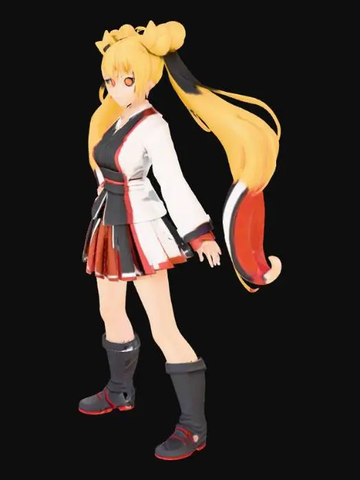 3D model for Create a stylized anime 3D character blending Temari from Naruto and Tsubame Koyasu from Kaguya-sama. Keep Temari’s blonde spiky buns fused with Tsubame’s long flowing hair for a dynamic look. Outfit should combine Temari’s ninja-style battle wear with Tsubame’s refined school uniform, balancing strength and elegance. The face should mix Temari’s confident expression with Tsubame’s gentle charm, in clean anime proportions. Use cel-shaded textures, vibrant colors, and smooth surfaces for an anime-inspired style. Keep polycount optimized and present in a neutral A-pose for WebXR animation