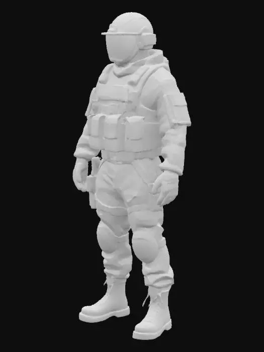 3D model for Design a hi poly soldier in full containment gear, featuring camo accents, tactical pouches, and a durable face shield. Emphasize rugged utility and mission-ready stance.