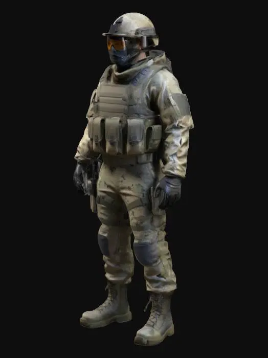 3D model for Design a hi poly soldier in full containment gear, featuring camo accents, tactical pouches, and a durable face shield. Emphasize rugged utility and mission-ready stance.