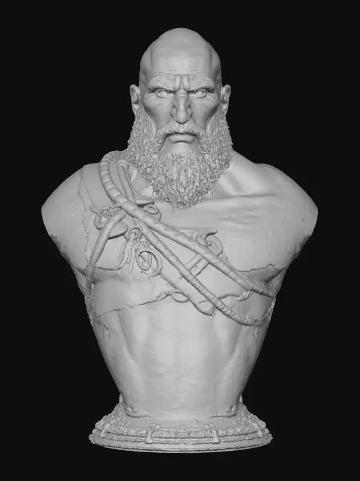 3D model for Kratos, the protagonist from the God of War Games, symmetrical, good anatomy and eyes, best quality, detailed mesh, high resolution, super detail, best quality, 4K, 8K, HDR, studio quality beautiful, elegant, realistic, Ultra-realistic 8k PBR textures with complex specular and normal maps. Clean quad topology.