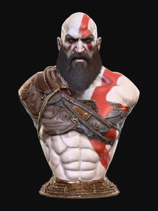 3D model for Kratos, the protagonist from the God of War Games, symmetrical, good anatomy and eyes, best quality, detailed mesh, high resolution, super detail, best quality, 4K, 8K, HDR, studio quality beautiful, elegant, realistic, Ultra-realistic 8k PBR textures with complex specular and normal maps. Clean quad topology.