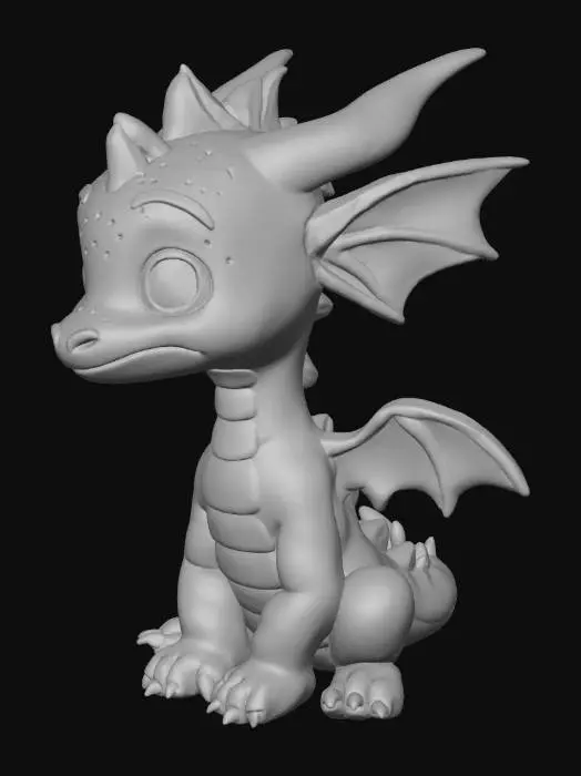 3D model for A plump, cute baby dragon with shimmering pastel green scales and a soft peach underbelly. It has a rounded, friendly face, large innocent blue eyes, and small, blunt horns. Its tiny, leathery wings are folded neatly. The creature is sitting playfully, exuding a gentle, inviting tactile quality with its smooth, fine-textured skin and slightly soft-looking body.