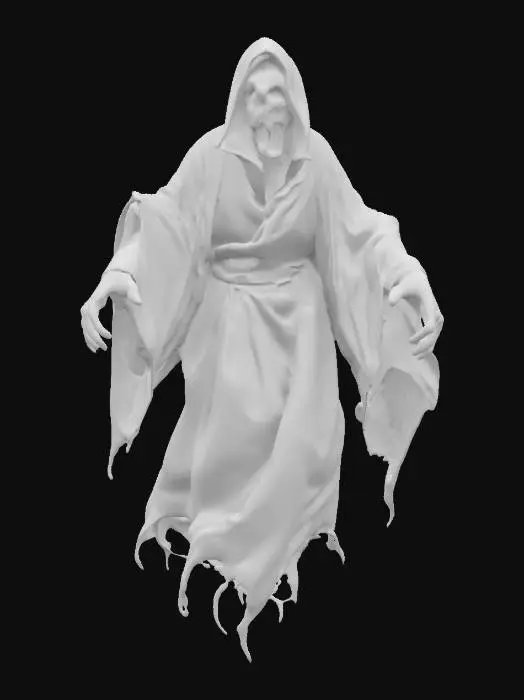 3D model for fantasy ghost enraged, body floating in the air, torn robe fluttering on his body, detailed scary face ghost, extremely detailed, high sharp resolution texture, T-Pose