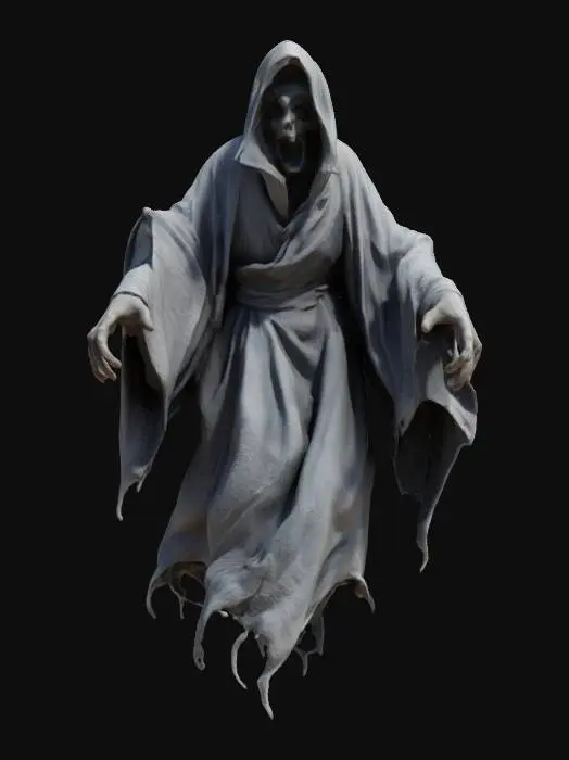 3D model for fantasy ghost enraged, body floating in the air, torn robe fluttering on his body, detailed scary face ghost, extremely detailed, high sharp resolution texture, T-Pose