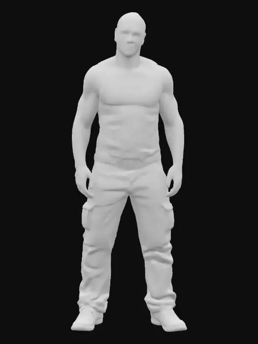 3D model for "Die Hard" Bruce Willis, white tank top, brown cargo pants, sweaty muscular body, a pose, realistic, lighting and reflections
