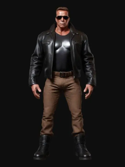 3D model for arnold schwarzenegger as the terminator, terminator, black leather jacket, brown jeans, black boots, realistic lighting and reflections, a pose
