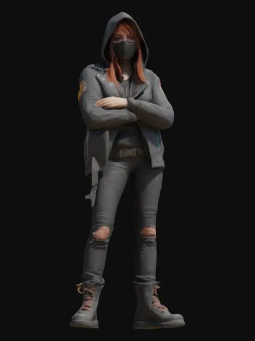 3D model for dystopian biker  girl character, wearing hoodie and jacket, face mask, hands crossing, masterpiece, high resolution
