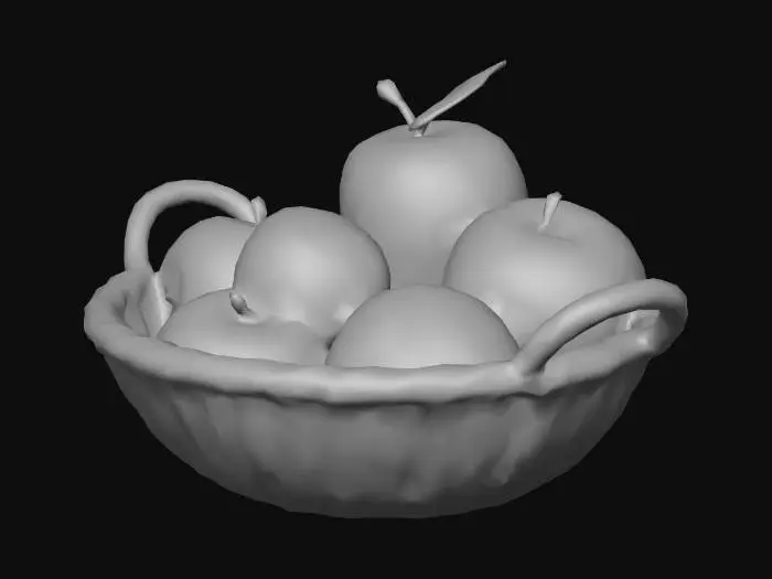 3D model for a basket of 3 fruit without handle: one orange, one apple, and one lemon