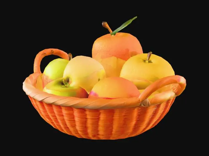 3D model for a basket of 3 fruit without handle: one orange, one apple, and one lemon