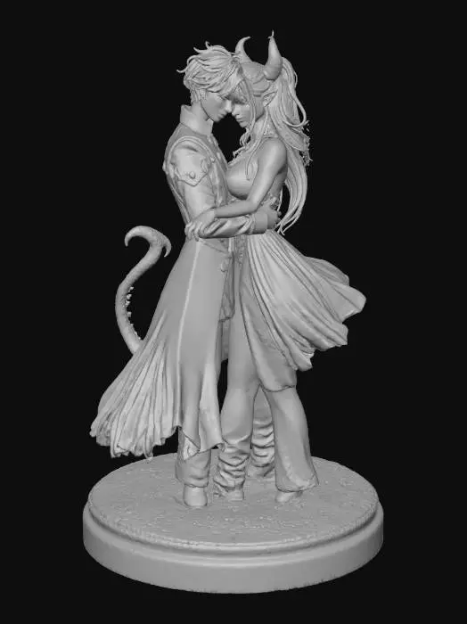 3D model for Une scène d'anime vibrant et stylisé représentant un jeune prince aux yeux étincelants et une jeune femme démoniaque aux yeux rougeoyants, avec des cornes stylisées et une longue queue. Leurs corps sont entrelacés dans une pose dynamique et émotionnelle, leurs peaux lisses contrastant avec les détails fluides de leurs corps dépourvus de vêtements. Les couleurs sont vives, avec des lignes nettes et des effets de lumière scintillants.