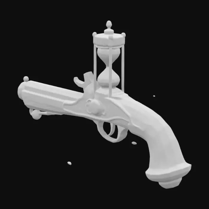 3D model for #ChronoForgeWeapon# an antique steampunk flintlock with an hour glass on top filling with liquid gold, intricate design, ornate, realistic