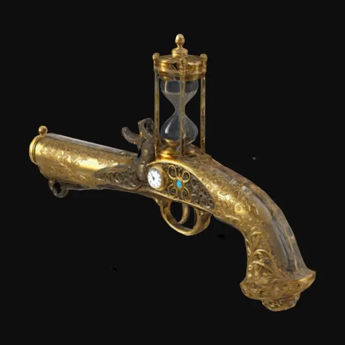 3D model for #ChronoForgeWeapon# an antique steampunk flintlock with an hour glass on top filling with liquid gold, intricate design, ornate, realistic