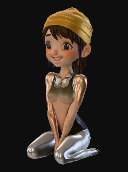 3D model for A big, smiling Japanese schoolgirl in her school swimsuit and swimming cap. Her figure is slender and slightly muscular, reflecting a blend of grace and strength. Sitting on the towel with hands on knees.