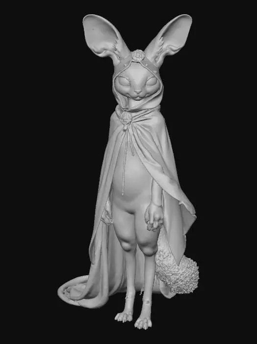 3D model for A 3D model of a slender, anthropomorphic character resembling a jerboa or fennec fox, with large expressive ears and striking golden eyes. Its soft fur is primarily cream and light beige, with delicate darker brown patches. She wears a patterned white and yellow fabric hood adorned with a small yellow flower, along with matching flowing drapery. A thin gold chain delicately encircles her waist, complementing her long, curled tail, all rendered under soft, even studio lighting.  character should appear distinct and tastefully undressed, with well-designed, minimalistic clothing that complements their form and personality —  fine details throughout: sharp edges, precise linework, — visual tone inspired by WLOP: ethereal, painterly quality blended with sharp digital realism — high resolution