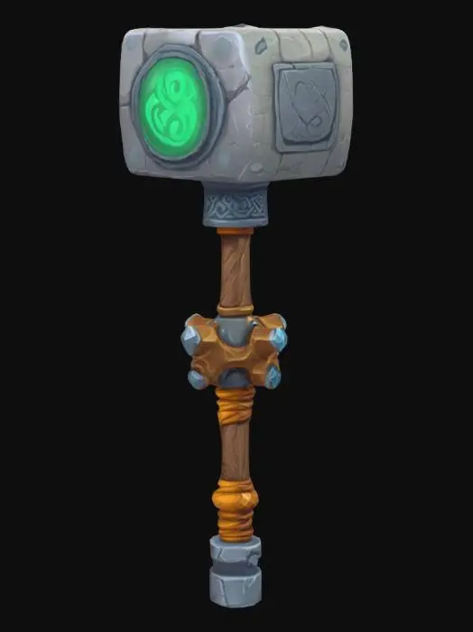 3D model for Cartoon style, stone, stone hammer, fantasy RPG project, game design, concept art, monocoque model, rune elements, long handled warhammer, long handled hammer