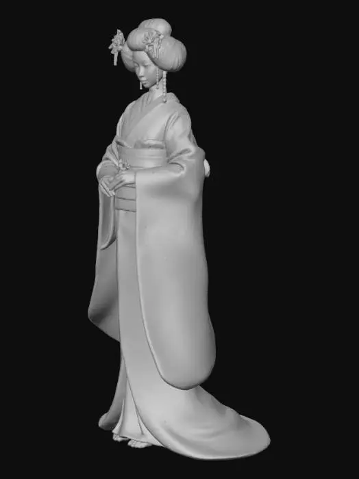 3D model for A captivating 3D wall art piece, portraying a graceful geisha with an elaborate, high-relief kimono in rich silk textures. Its surface features intricate gold embroidery and a glossy lacquer finish, reflecting light elegantly. Her delicate porcelain-like face and refined black hair, adorned with subtle kanzashi ornaments, exude serene beauty. The artwork’s balanced structure and smooth, luxurious feel embody traditional Japanese artistry.