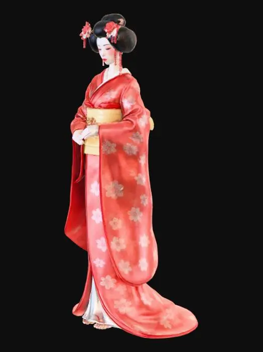 3D model for A captivating 3D wall art piece, portraying a graceful geisha with an elaborate, high-relief kimono in rich silk textures. Its surface features intricate gold embroidery and a glossy lacquer finish, reflecting light elegantly. Her delicate porcelain-like face and refined black hair, adorned with subtle kanzashi ornaments, exude serene beauty. The artwork’s balanced structure and smooth, luxurious feel embody traditional Japanese artistry.